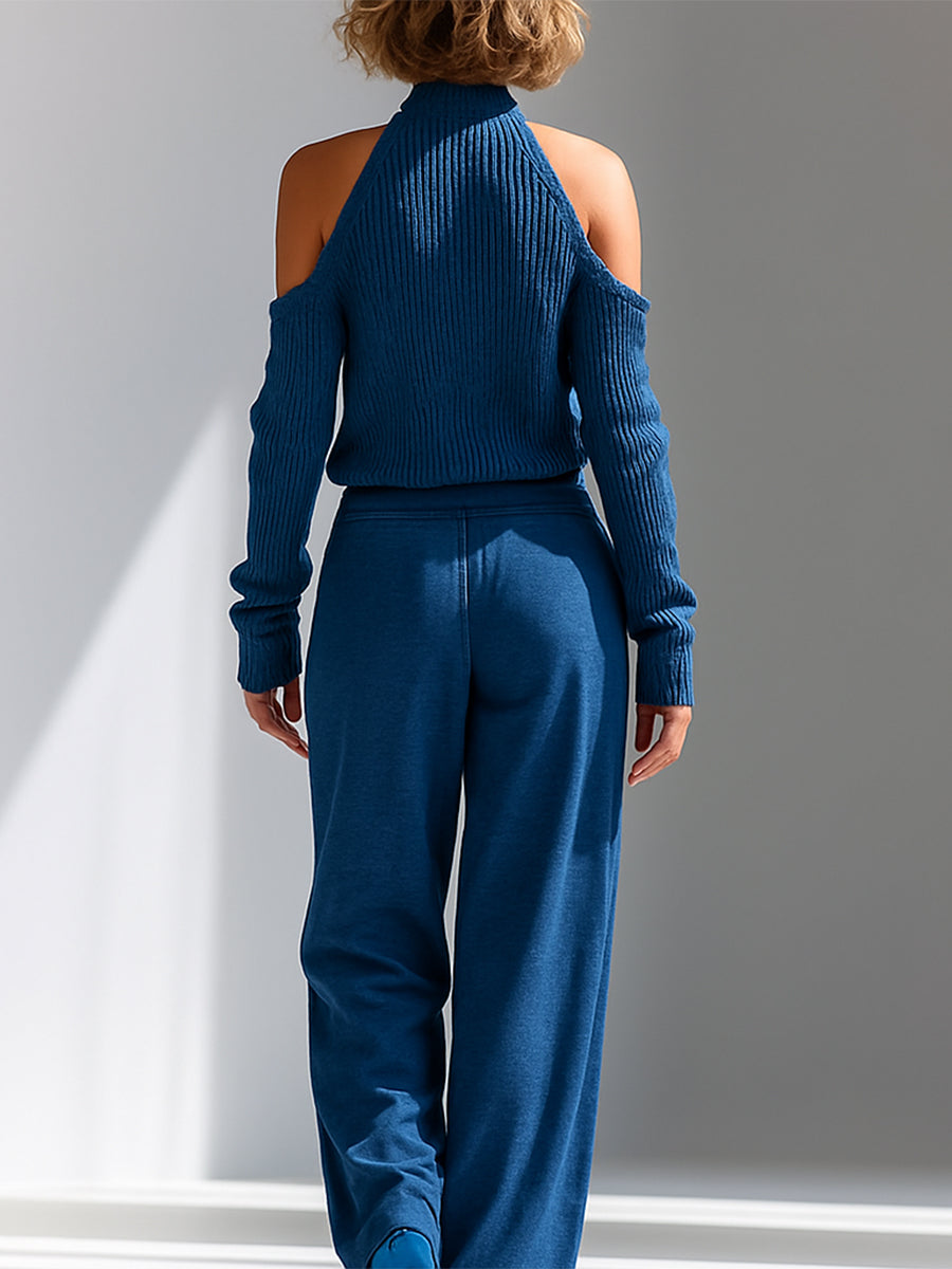 Women's Blue Elegant Ribbed Knit Cold - Shoulder Sweater And Wide - Leg Pants Set