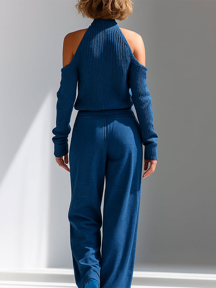 Women's Blue Elegant Ribbed Knit Cold - Shoulder Sweater And Wide - Leg Pants Set