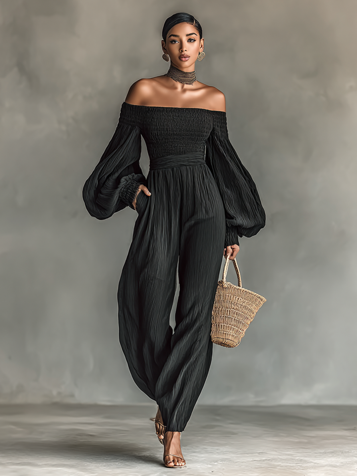 Women's Off-the-shoulder Long-sleeved Pleated Fabric Jumpsuit