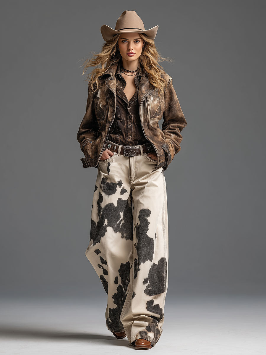 Retro And Fashionable Western Style Cow Pattern Pants