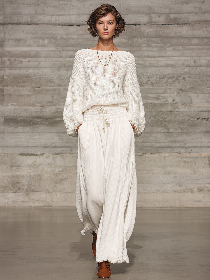 Retro Casual White Elastic Waist Wide-leg Pants