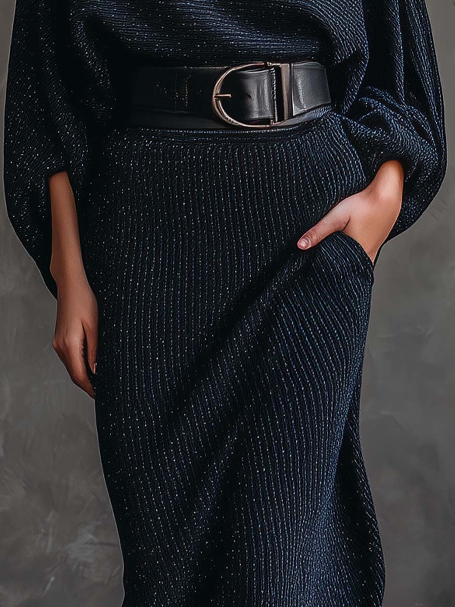 Midnight Blue Sparkle Knitted Batwing Turtleneck Maxi Dress