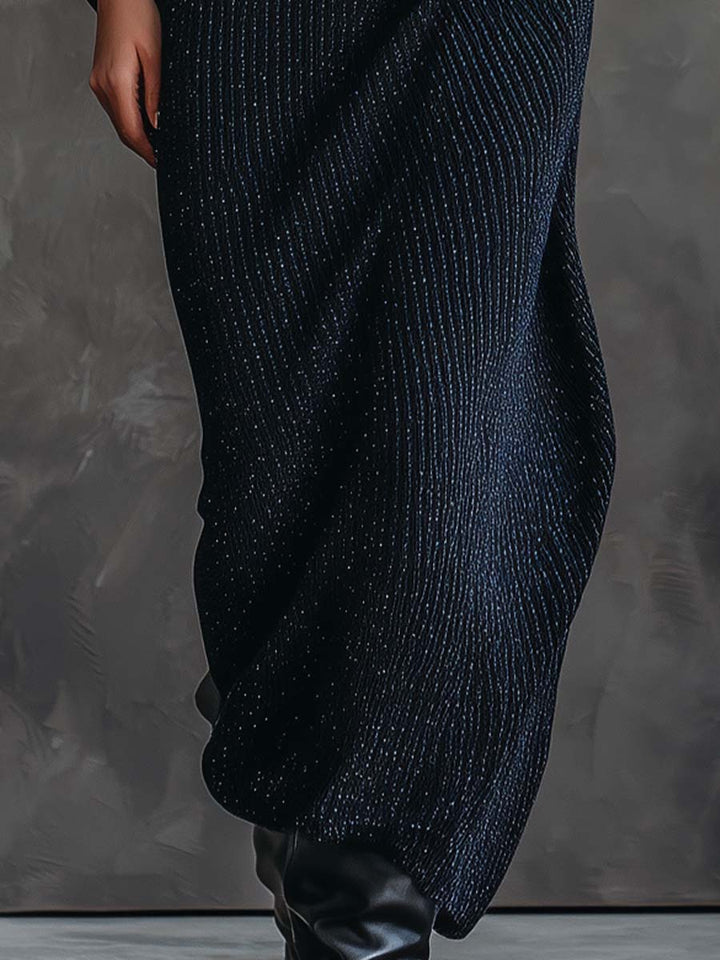 Midnight Blue Sparkle Knitted Batwing Turtleneck Maxi Dress