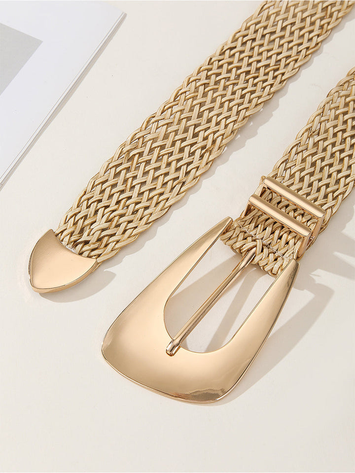 Dámský zlatý elegantní bavlněný a lněný pletený pás s imitací kovu