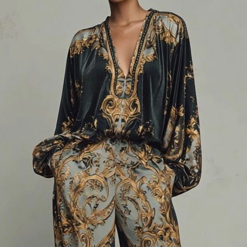 طقم قميص وسروال دانتيل مخيط من المخمل الأزرق العتيق الرائع