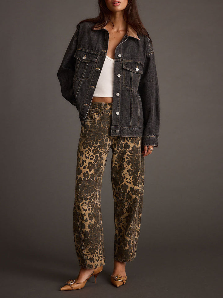 Retro Western Leopard Barrel Jeans