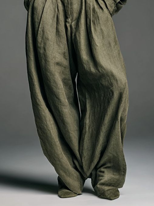 Women's Fashion Cotton And Linen Blended Long Sleeve Shirt Wide Leg Pants Two-Piece Set