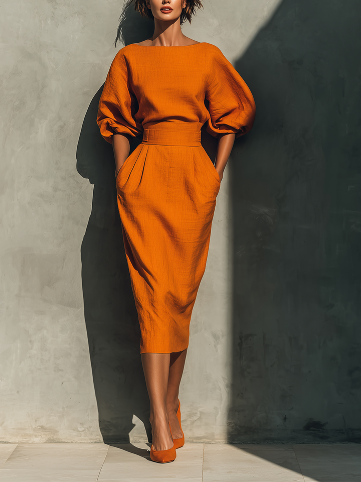 Women's Orange Mid-sleeve Top And Midi Skirt Set