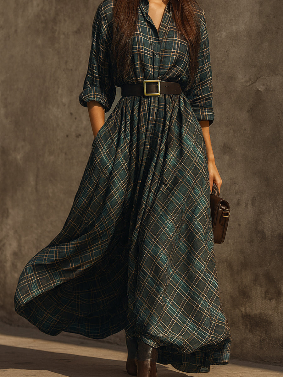 Retro Plaid Cotton-blend Single-breasted Maxi Dress With Belt