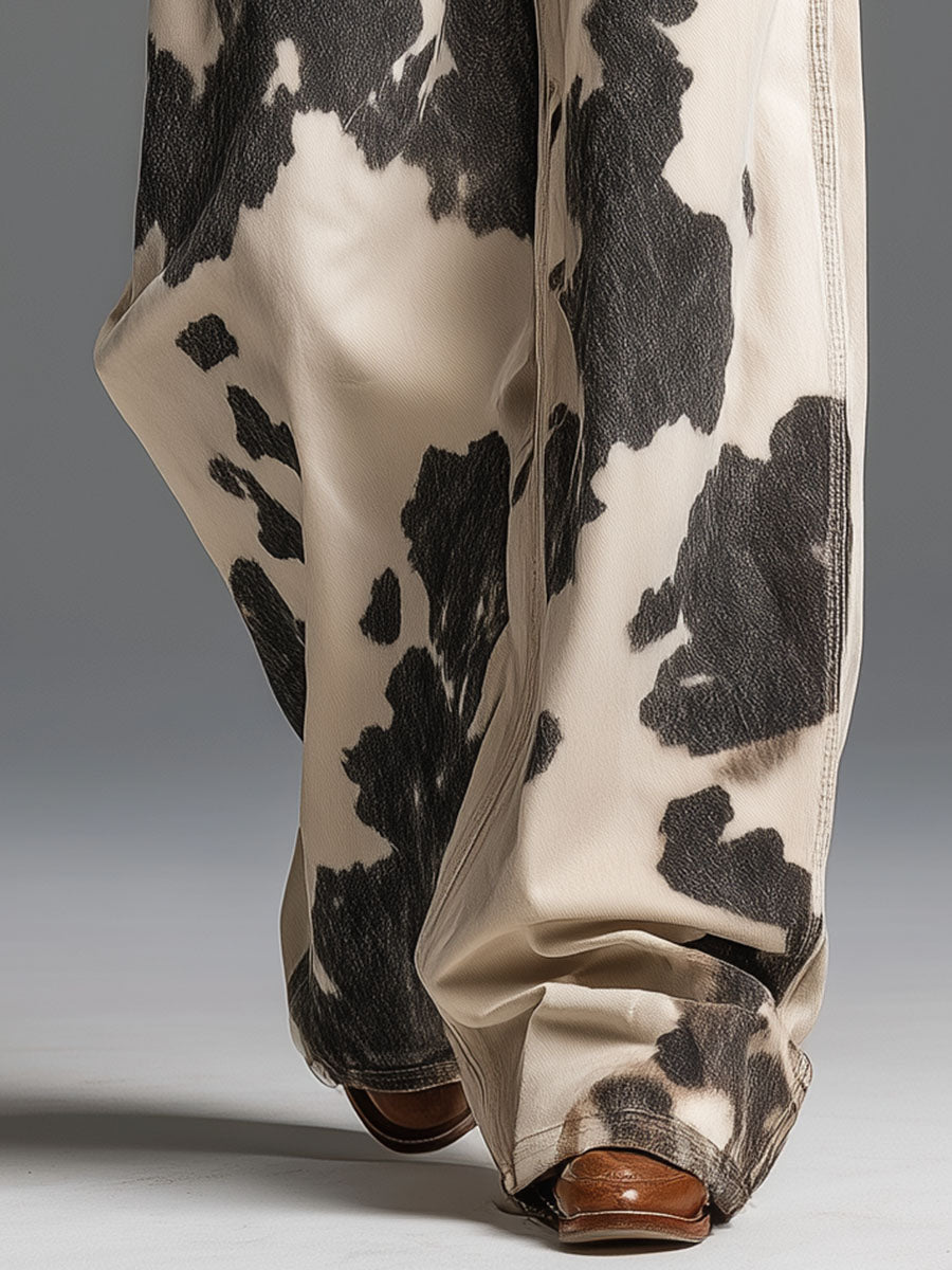 Retro And Fashionable Western Style Cow Pattern Pants