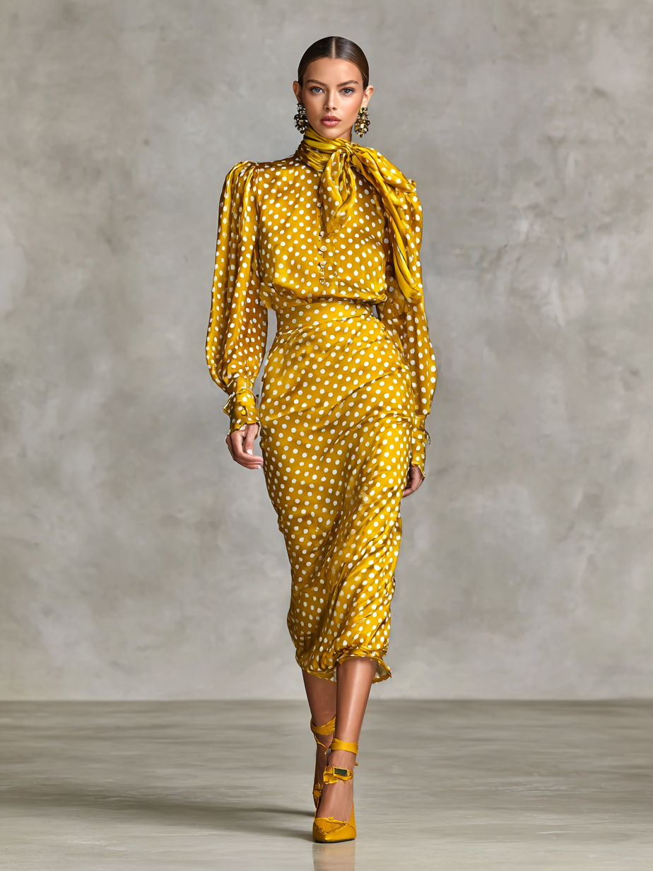 Women's Vintage Satin Polka Dot Print Shirt And Skirt Two-Piece Set (Not including scarf)