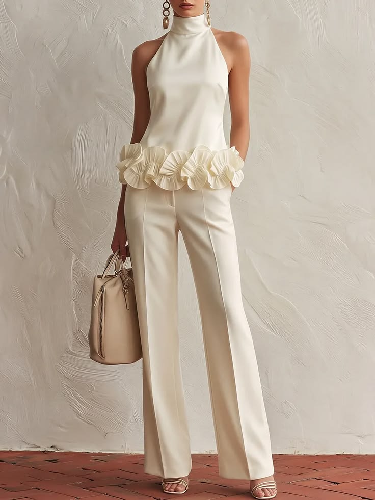 Conjunto de calças de gola alta com bainha floral