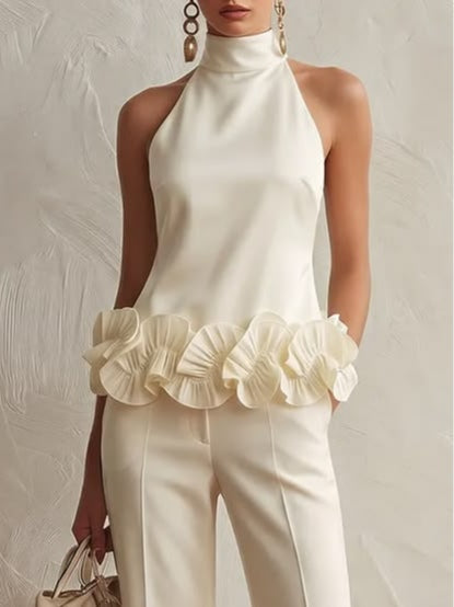 Conjunto de calças de gola alta com bainha floral