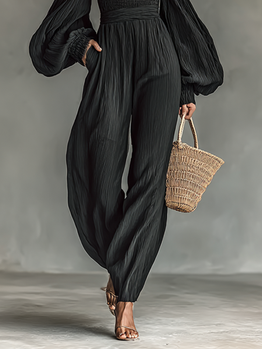 Women's Off-the-shoulder Long-sleeved Pleated Fabric Jumpsuit