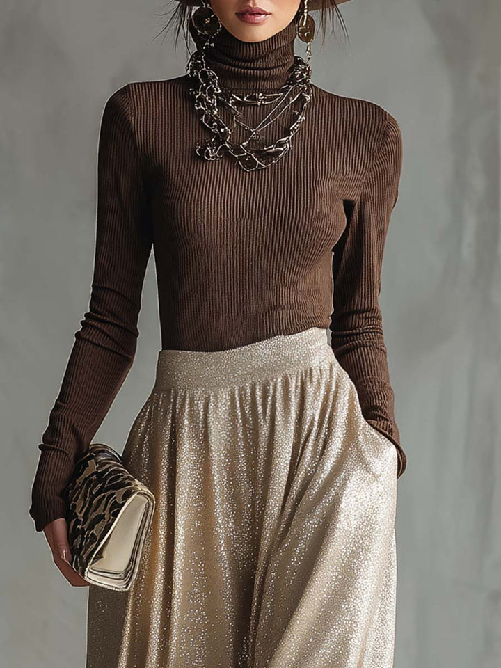 Elegant And Fashionable Retro Brown High-neck Knitted Top And Shimmering Silver Skirt Set