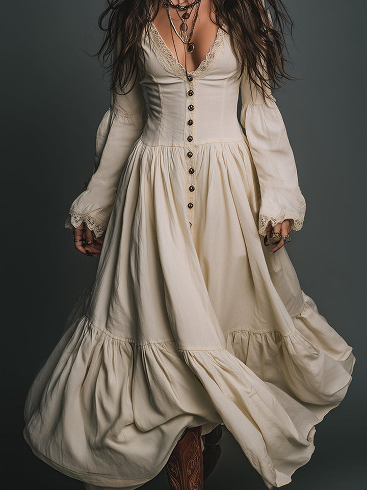 Elegant Vintage Lace Spliced single-breasted Cotton Maxi Dress