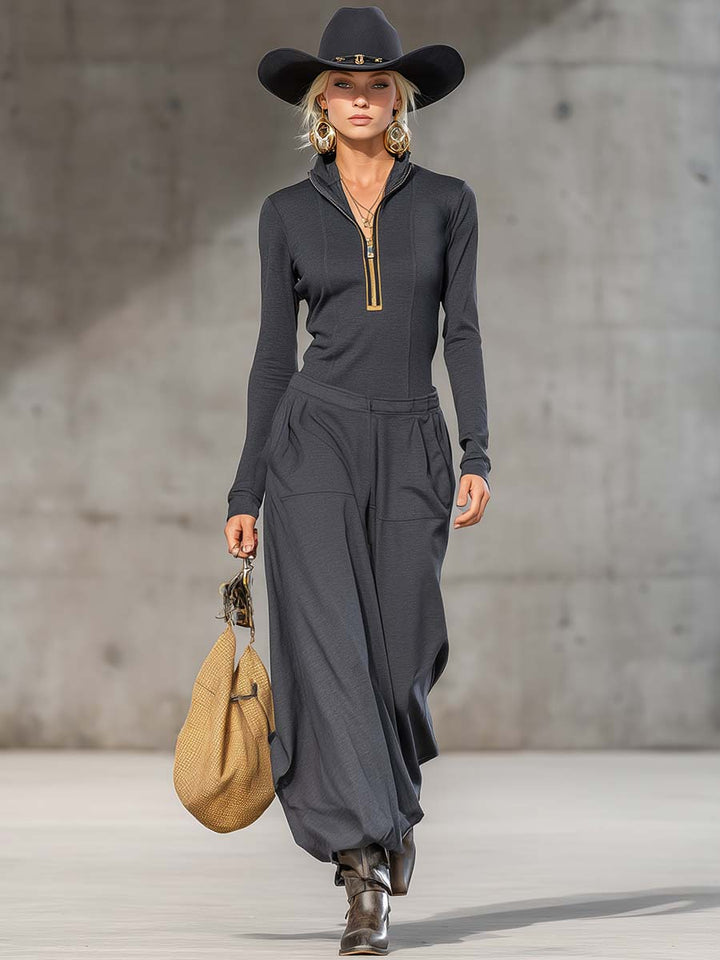 Casual retro sport mørkegrå halv-høj krave front lynlås langærmet top og brede bukser sæt