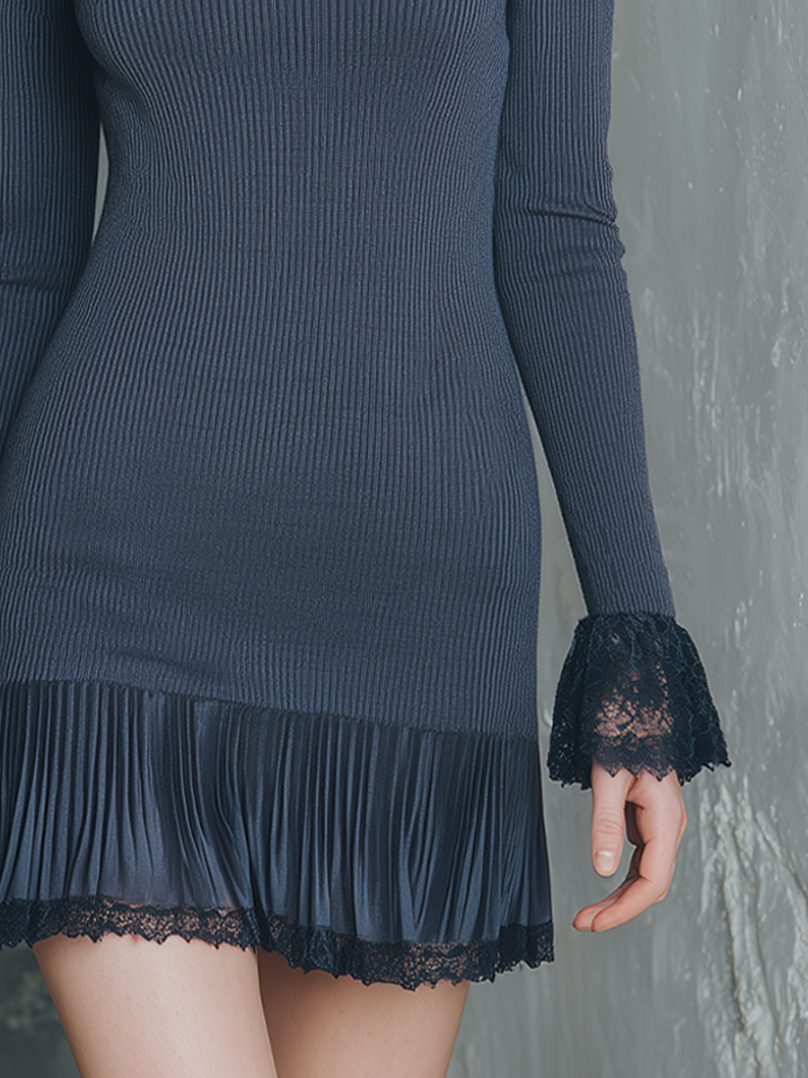 Retro High-neck Lace Cuffs And Pleated Hem Knitted Mini Dress