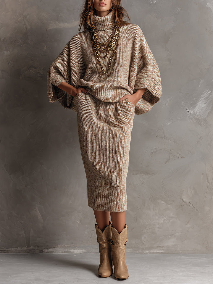 Casual Bat Sleeve Turtleneck Knitted Sweater & Midi Skirt Set