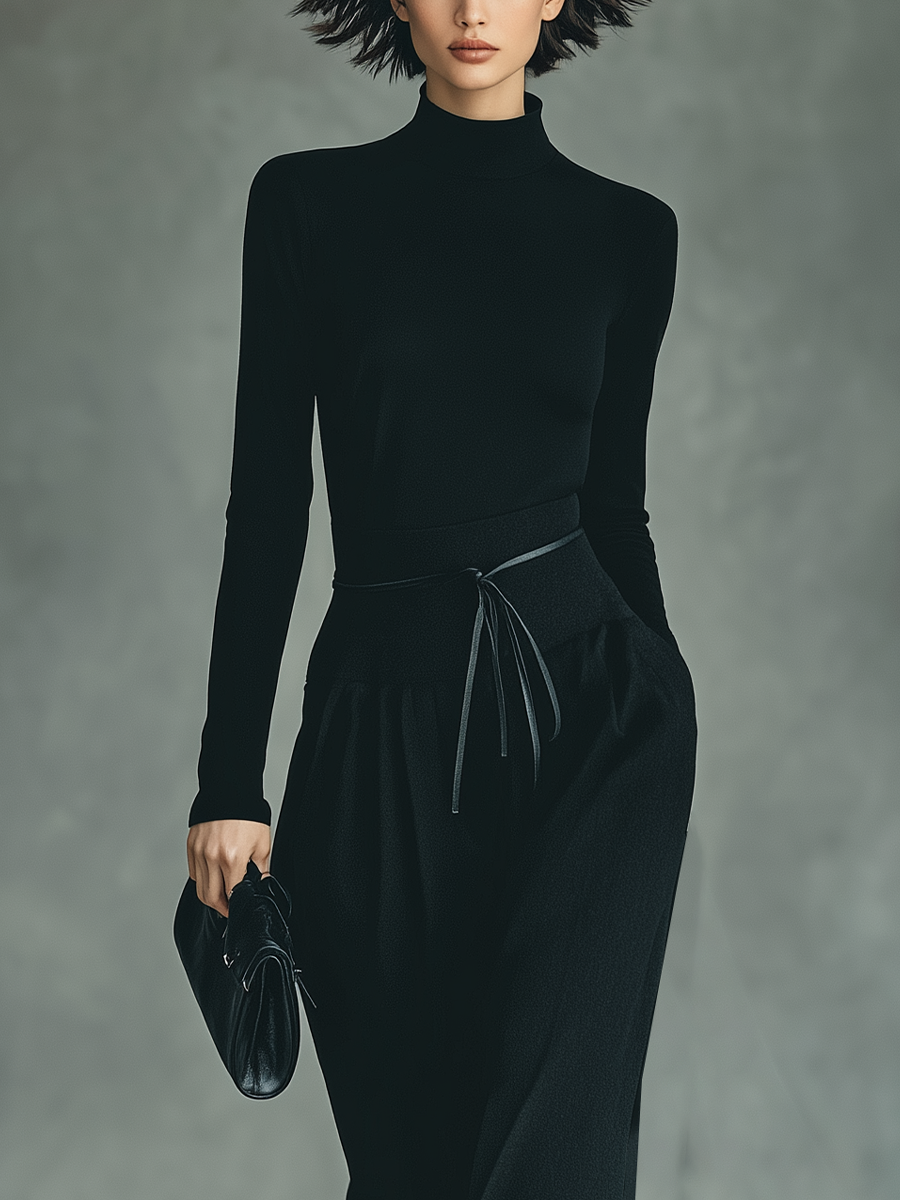 Women's Black High-Stretch Knit Top And Cotton-Blended Skirt Set