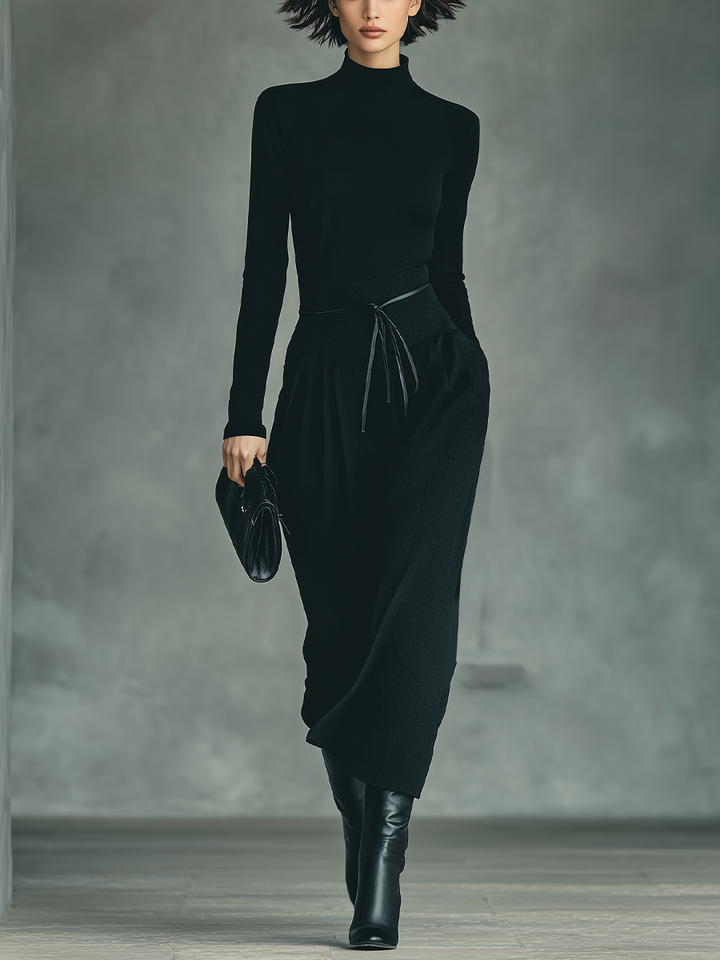 Women's Black High-Stretch Knit Top And Cotton-Blended Skirt Set