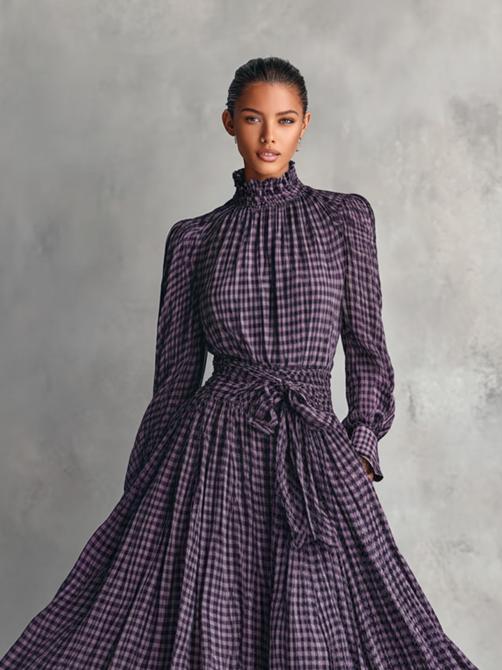 Women's Plaid Blended Half-high Collar Long-sleeved Blouse And Long Skirt Set