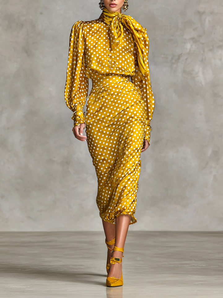 Women's Vintage Satin Polka Dot Print Shirt And Skirt Two-Piece Set (Not including scarf)