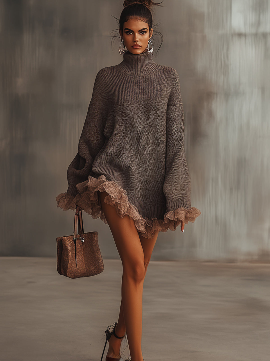 Brown Ruffled Hem Turtleneck Sweater Dress