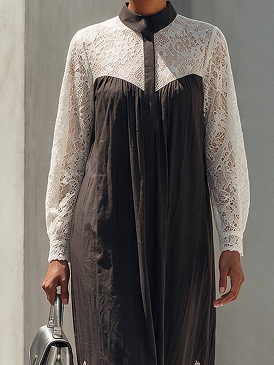 Lace Panel Stand-Collar Maxi Dress