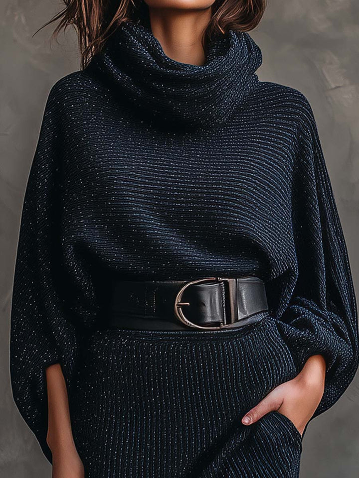 Midnight Blue Sparkle Knitted Batwing Turtleneck Maxi Dress