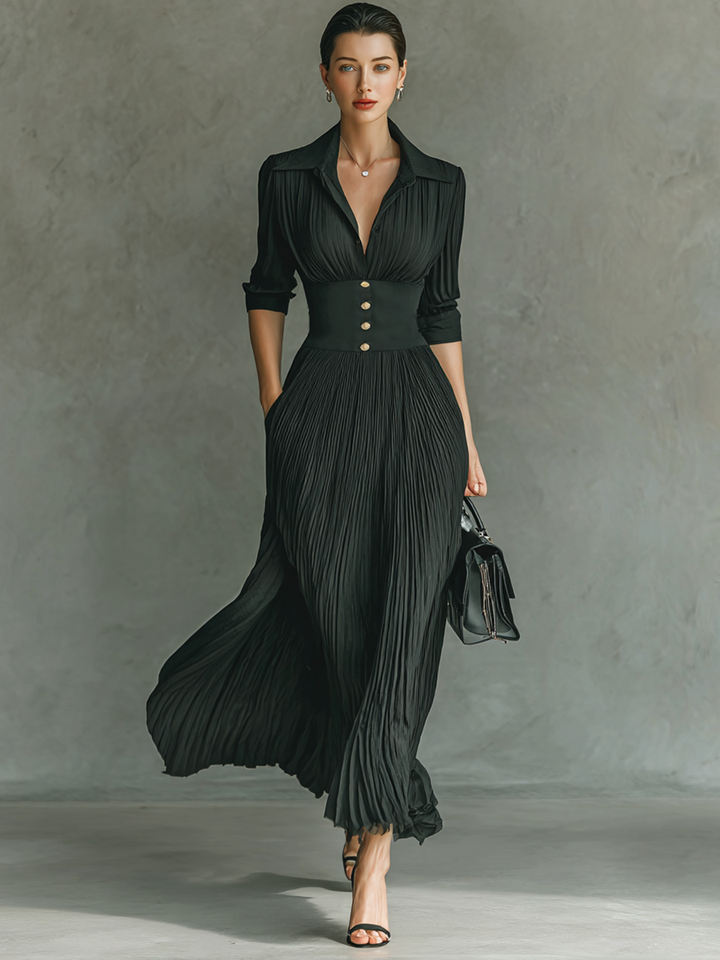Robe longue à manches longues, taille plissée, col à revers, couleur unie