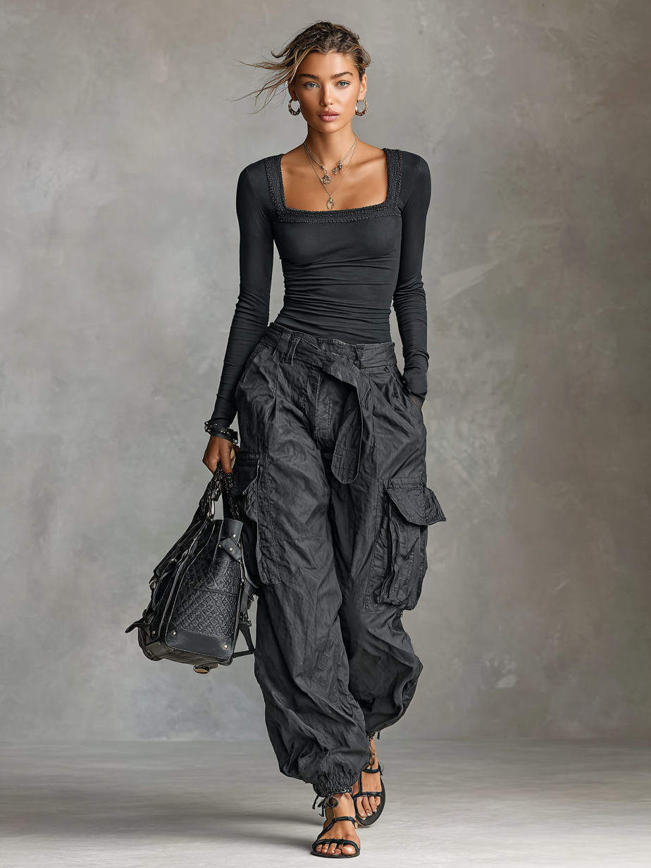 Women's Square Neck Long Sleeve T-Shirt Multi-Pocket Cargo Pants Two-Piece Set