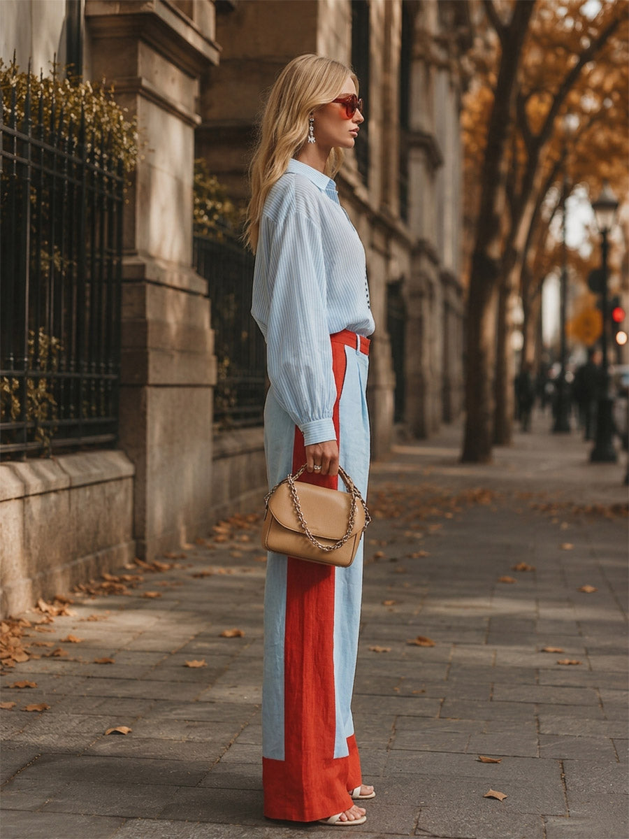 Ensemble chemise rayée et pantalon à empiècements colorés