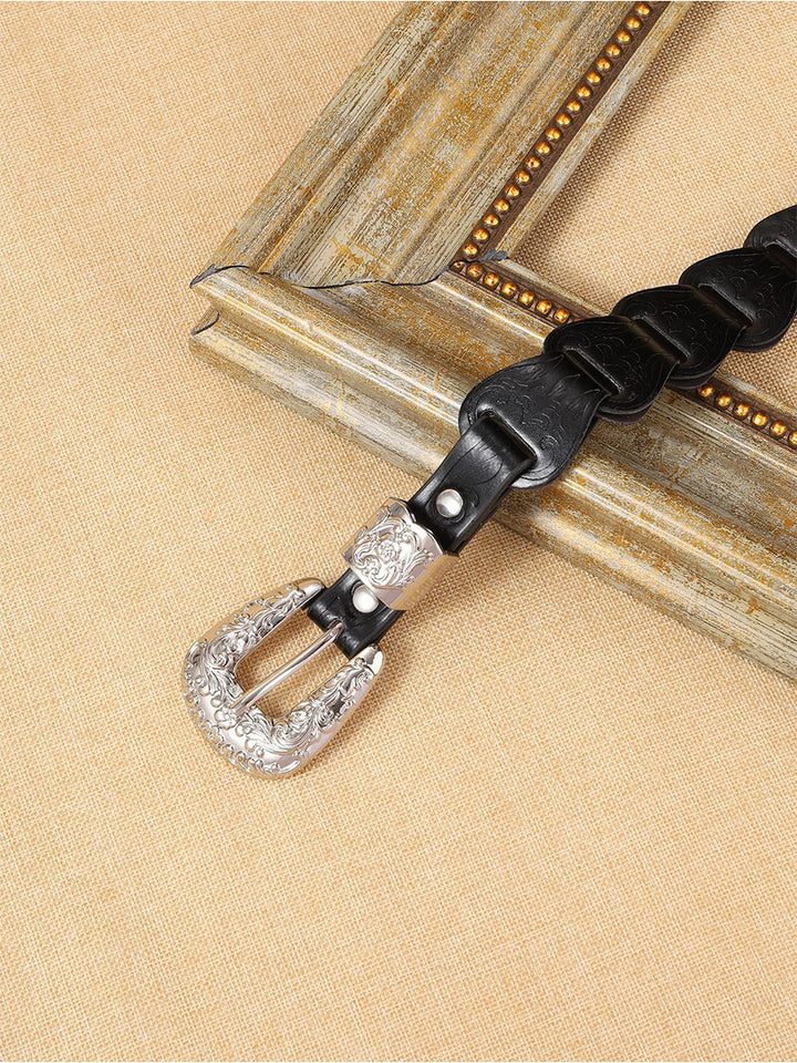 Women's Elegant Western - Style Faux Leather Floral - Embossed Waist Belt