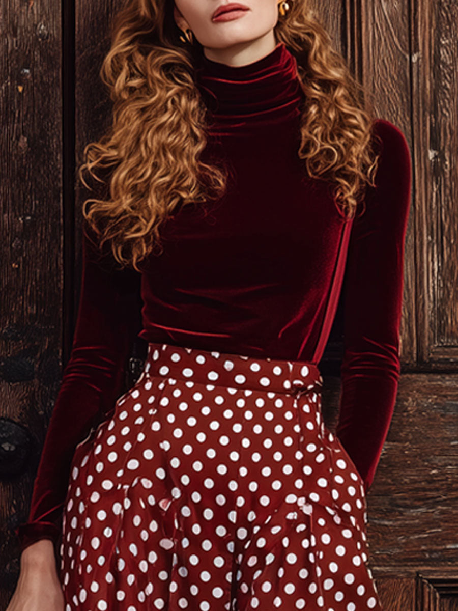 Vintage Burgundy Velvet Turtleneck Long-Sleeved T-Shirt Polka Dot Pocket Skirt Set