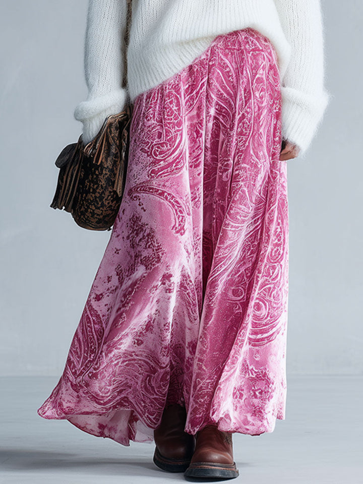 Fashion Retro Paisley Pink Velvet Elastic Waist Skirt