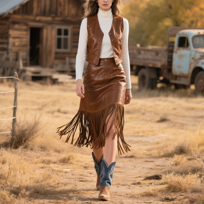 Kvinders Country Boheme Læder Frynser Nederdel