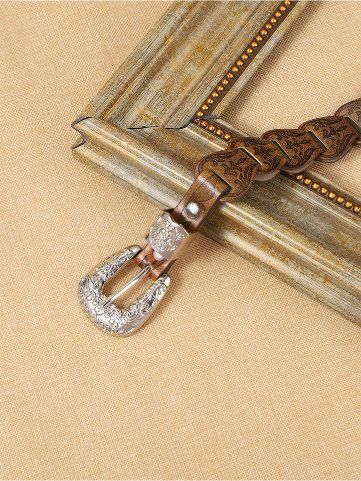 Women's Elegant Western - Style Faux Leather Floral - Embossed Waist Belt
