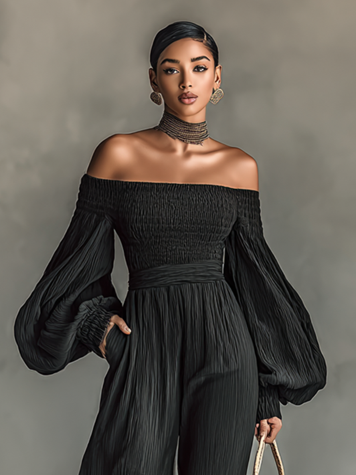 Women's Off-the-shoulder Long-sleeved Pleated Fabric Jumpsuit