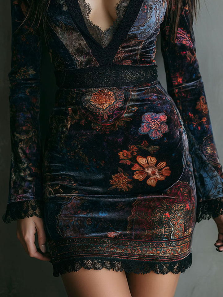 Boho Floral Print V-Neck Velvet Bodycon Mini Dress With Lace Trim Coveclover Boho Floral Print V-Neck Velvet Bodycon Mini Dress With Lace Trim Coveclover