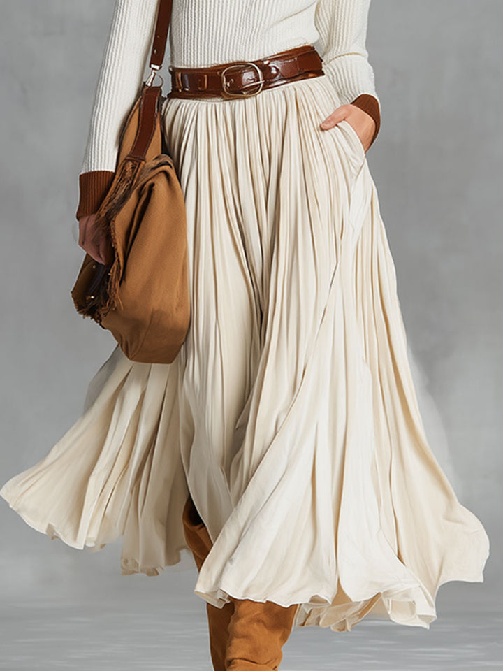 Fashionable And Simple Beige Velvet Lace-up Pocket Skirt