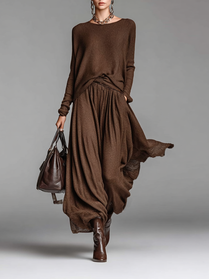 Women's Fashion Round Neck Knitted Sweater Skirt Set