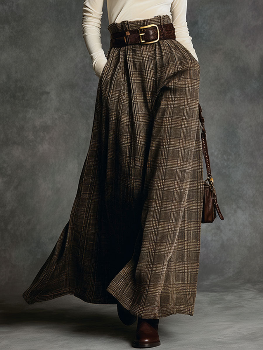 Vintage Turtleneck Velvet Top And Plaid Skirt Set