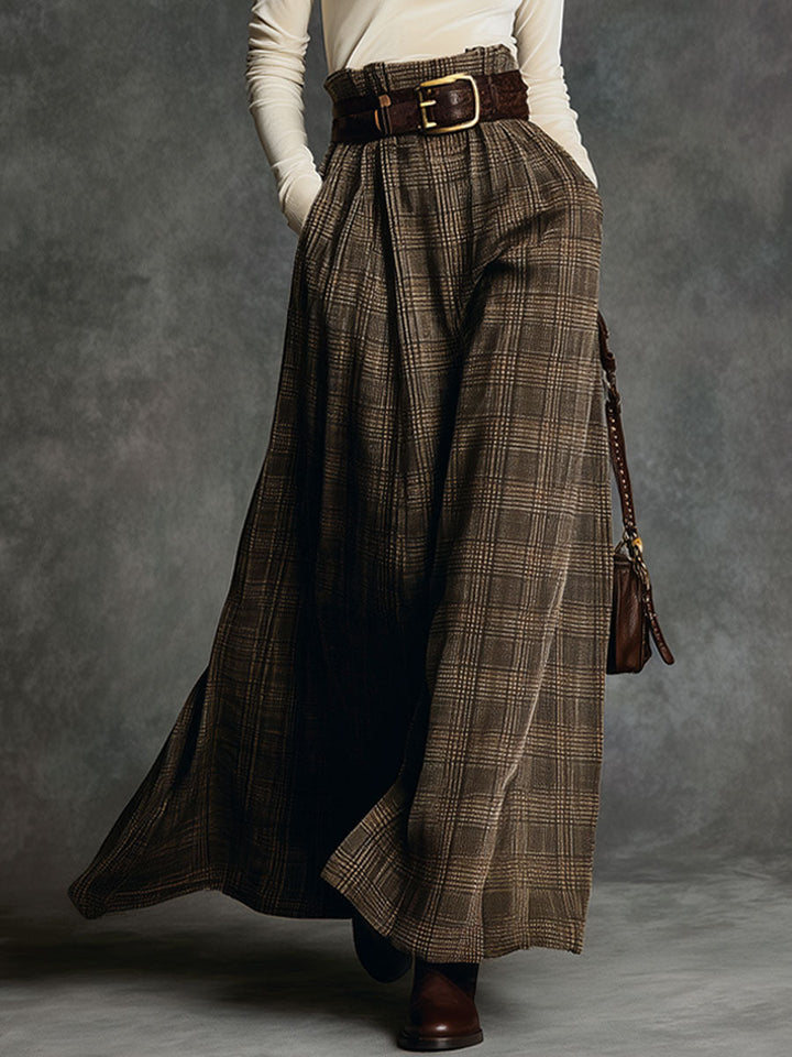 Vintage Turtleneck Velvet Top And Plaid Skirt Set