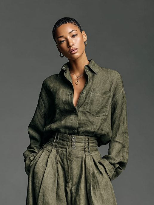 Women's Fashion Cotton And Linen Blended Long Sleeve Shirt Wide Leg Pants Two-Piece Set