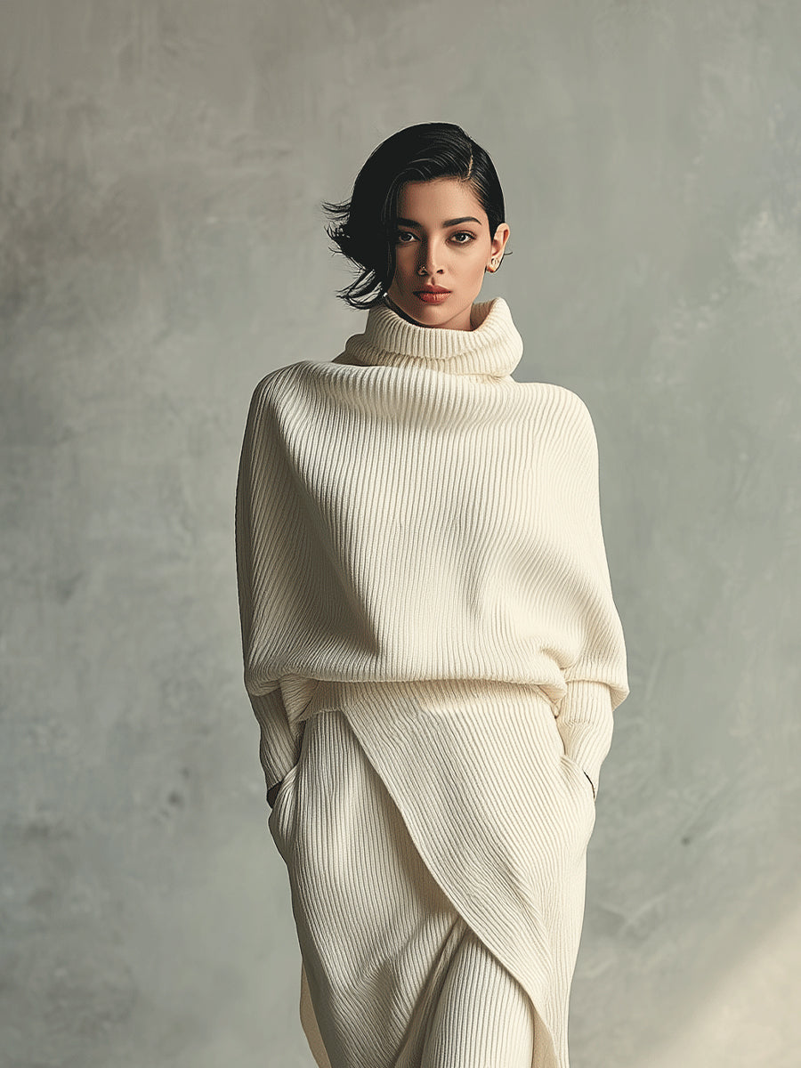 Women's Cream Elegant Rib - Knit Cowl Neck Wrap Skirt Set