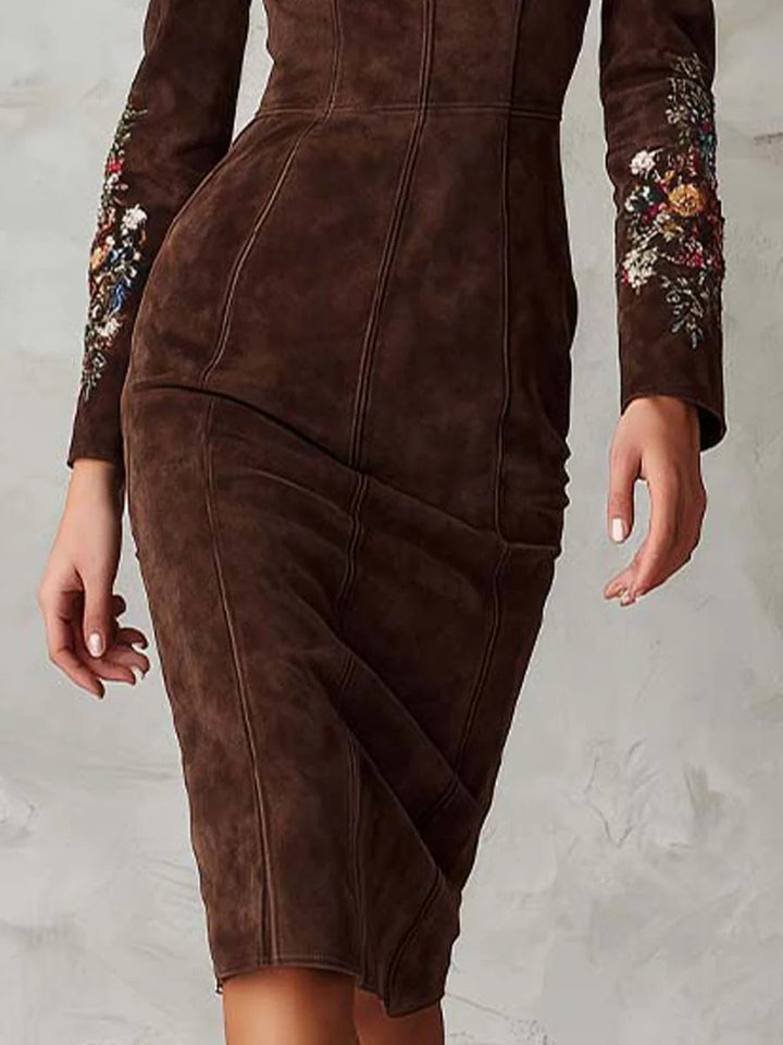Brown Suede Embroidered Puff Sleeve Midi Dress
