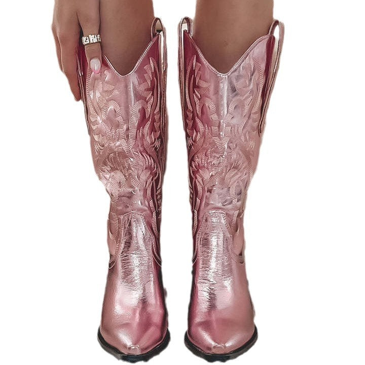 Embroidered Pointed Toe Thick Heel Western Boots