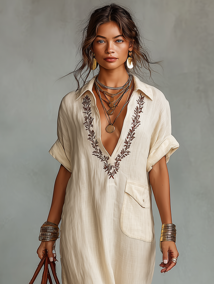 Μίνιμαλ μάξι φόρεμα πουκάμισο με κοντά μανίκια από λινό με κέντημα