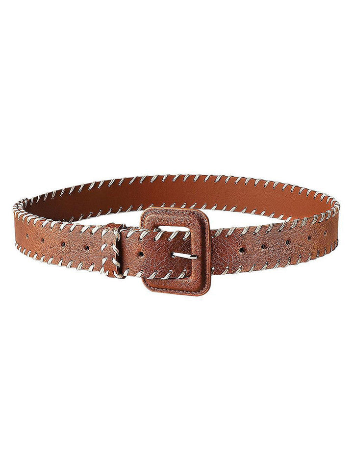 Women's Brown Leather Belt with Stitching Detail